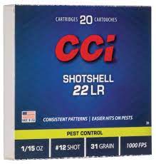 CCI .22 LR 22 Long Rifle Pest Control Shotshell 1/15 oz. #12 shot 31 grain 1000 FPS (20 rd box)