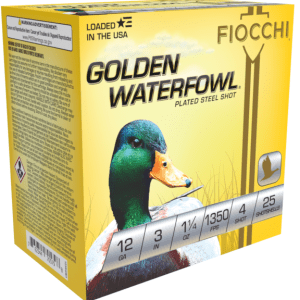 Fiocchi Golden Waterfowl 12 Gauge 3'' 1 1/4 oz. Steel #4 1350 FPS Plated Steel Shot 25 rd box FREE SHIPPING (250 rd case)