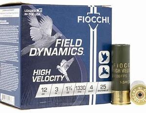 Fiocchi Field Dynamics 12 Gauge 3'' 1 3/4 oz. 1330 FPS #4 Lead Shot 25 rd box FREE SHIPPING (250 rd case)